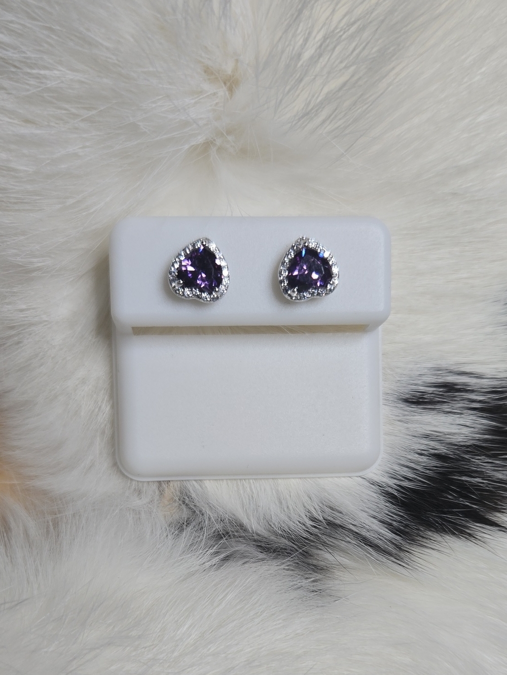 Heart-Shaped Purple Crystal Stud Sterling Silver Earrings with Halo